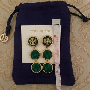 Tory Burch gold tone Earrings w/semiprecious natural stone: green malachite